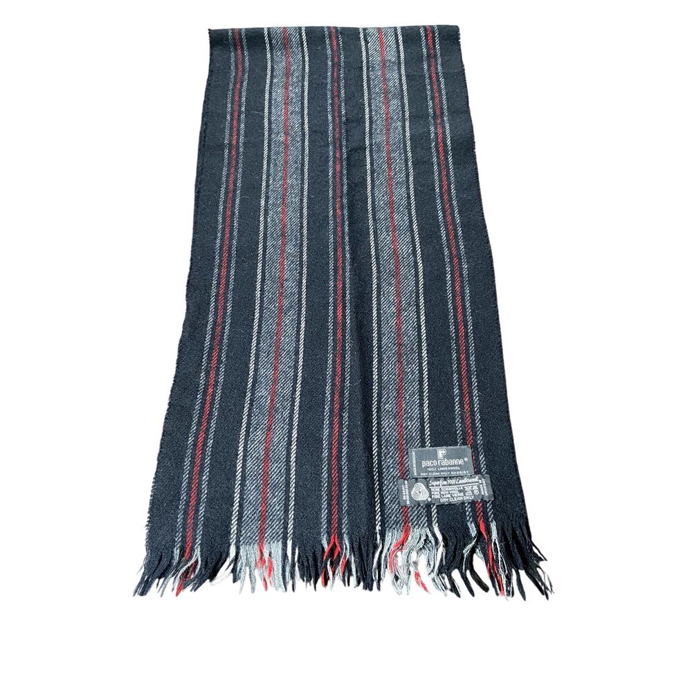100% Lambswool Vintage Scarf Gray Black White Red Plaid 51x12 Made in Uruguay